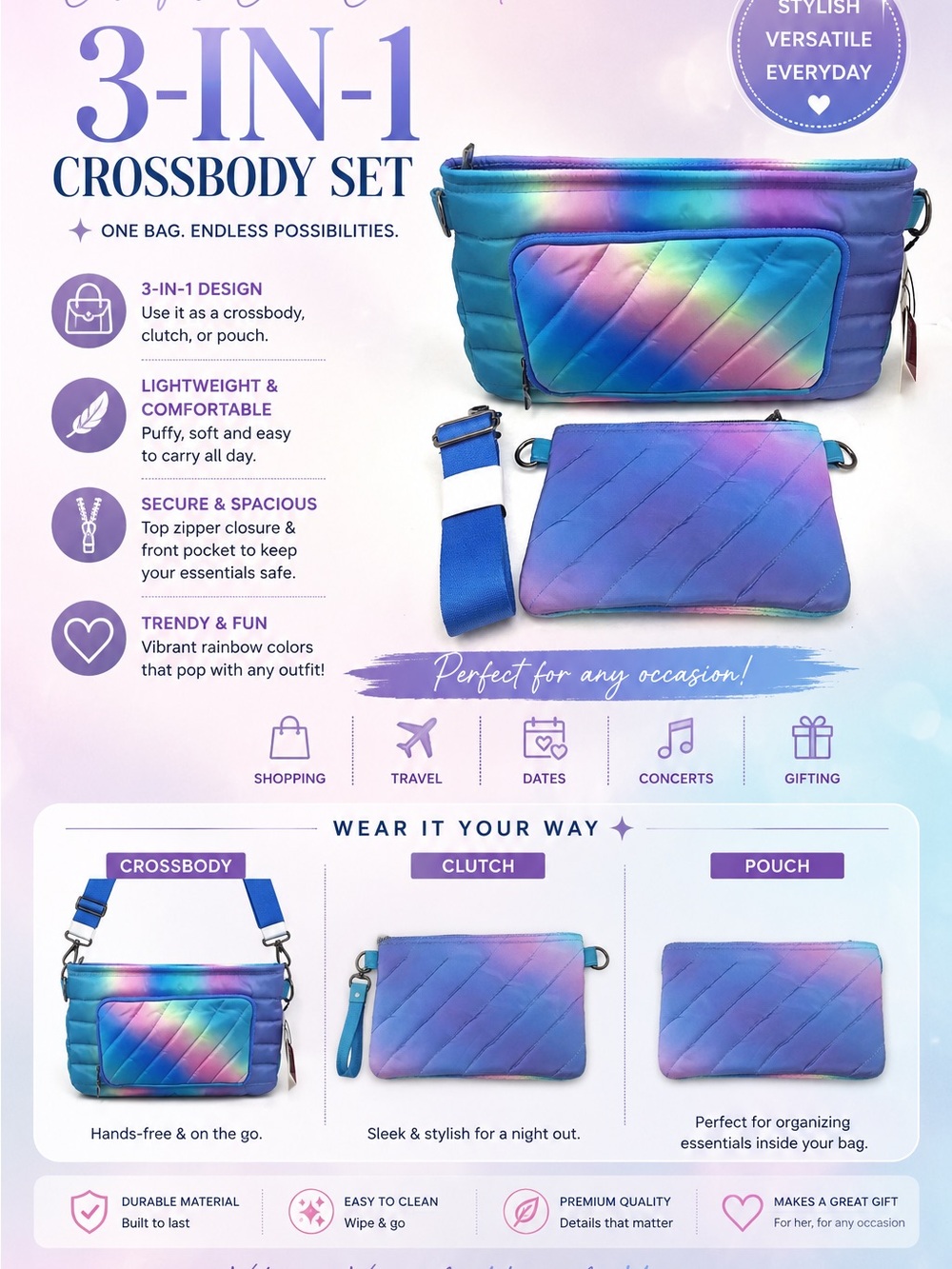 THINK ROYLN Rainbow Quilted 3-in-1 Crossbody Set - Blue Purple Pink Gradient
